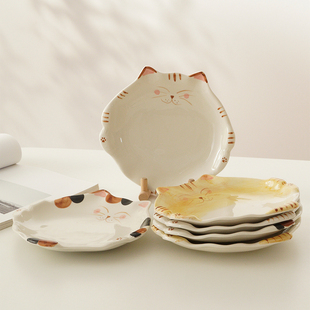 白屿日系小猫盘手绘釉下彩家用盘菜盘，甜品盘猫咪盘子和风陶瓷盘