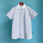 女童条纹短袖衬衫蝴蝶结袖口，学院中大儿童，小学生白色领子校服衬衣