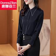 黑色雪纺衬衫女设计感小众春秋韩版时尚气质缎面职业衬衣