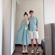小众设计感情侣装夏季2023韩版短袖衬衫男女连衣裙法式一裙一衣潮