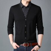 男士衬衫领假两件t恤衫条纹，男装长袖修身打底t衫6300系列