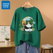 真维斯墨绿色正肩t恤女短袖2024纯棉熊猫，半袖夏季上衣服x