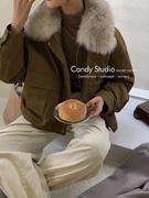 糖果Candy狐狸毛领派克服女冬季加厚工装短外套小个子短款羽绒服