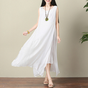 新中式夏季无袖宽松丝麻双层连衣裙文艺仙气背心裙白色长裙女