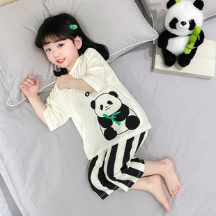女童睡衣2024春秋莫代尔熊猫印花套装中小童女宝宝休闲居家服