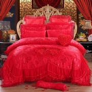 2.0韩式蕾丝婚庆四件套大红结婚床品多件套米粉色贡缎六八十件套