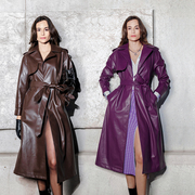 SenseByMei经典深紫色时髦大气造型利器自然环保皮革中长皮衣外套