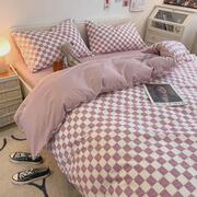 北欧风ins学生宿舍康亲磨毛健方格肤床笠印花四件套被套三件套