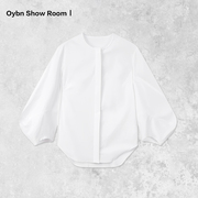 OYBN白色秋天隐藏式纽扣简约白色九分袖衬衫秋季圆领宽松上衣