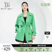 xg雪歌绿色通勤简约休闲风衣，2024春季中长款大翻领，长袖外套女