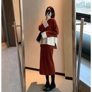 GG。欧洲站2023年秋冬女装红色名媛毛衣裙子高级感套装针织两