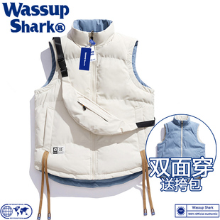 Wassup Shark潮牌双面穿马甲男女情侣秋冬季加厚保暖羽绒棉服无袖