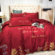 轻奢欧式结婚床上用品四件套100%全棉春秋大红色新婚庆床单喜被套