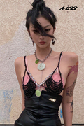 mss studio 原创设计 性感蕾丝黑色珍珠太极玉佩粉色胸衣两件套