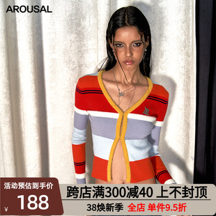 AROUSAL 彩虹针织开衫毛衣女秋季短款复古长袖上衣辣妹修身撞色