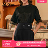 M-Star明星系列夏季短袖印花复古T恤女黑色设计感拼接网纱上衣