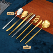 304不锈钢筷子实心筷子勺子叉，三件套金色方形筷子商用韩式餐具