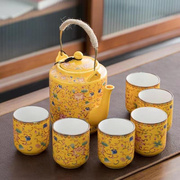 家用陶瓷会客茶具套装珐琅，彩陶瓷提梁大茶壶，简约大杯子冷水壶泡茶