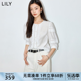 lily2024夏女装(夏女装，)优雅浪漫蕾丝宽松垂坠感泡泡袖七分袖白衬衫女