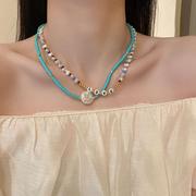 彩色串珠双层项链轻奢小众锁骨链简约珍珠夏季小清新网红气质颈链