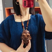 泰国设计师天然果壳手工雕刻丑人脸南美蜡绳编织老蜜蜡项链毛衣链