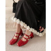 Kmeizu法式漆皮 5cm粗跟玛丽珍鞋女双一字扣带中跟婚鞋红色单鞋40