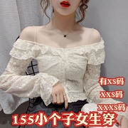 小个子加小码女装春季150cm显高xxxs泫雅风一字，领蕾丝喇叭袖上衣