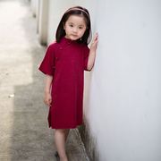 亲子旗袍夏唐装女童汉服改良中国风童装女宝宝中式棉麻女宝民国风
