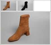 巴黎台版舒服后拉链弹性，筒方跟真皮，短靴羊磨砂皮女靴子