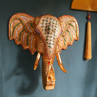 泰式玄关大象头壁挂东南亚风格，实木装饰品餐厅会所玄关墙上墙饰