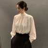 韩国chic秋冬法式气质立领后背系带蝴蝶结设计宽松长袖衬衫上衣女