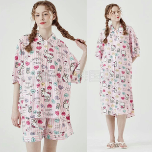 HelloKitty韩国2024夏甜美可爱卡通凯蒂猫印花短袖睡衣套装睡裙女