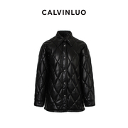 CALVINLUO 衬衫领绗棉PU廓形外套 23秋冬黑色中长款棉服