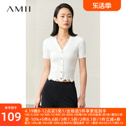 amii2024夏季深v领短袖，波浪下摆针织衫开衫女修身白色上衣