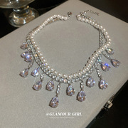 巴洛克锆石珍珠镶钻水滴形吊坠项链时尚设计感颈链锁骨链气质项饰