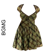 法式甜美橄榄绿格纹短袖连衣裙女2024夏季性感系带v领短裙子
