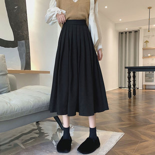 黑色百褶半身裙女2022冬季韩版中长款高腰，显瘦卡其色a字裙子