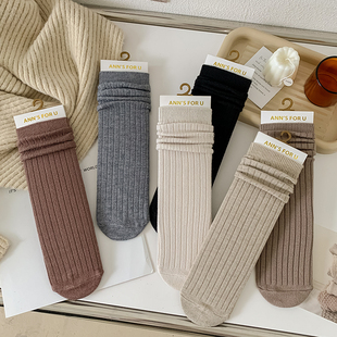 秋冬天保暖袜子女中筒袜，ins潮日系纯色堆堆，袜加厚条纹加绒羊毛袜