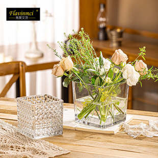 弗莱文茨透明正方形玻璃花瓶北欧简约玄关水培花器小缸客厅插花