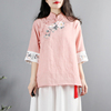 中式复古盘扣上衣棉麻衬衫女夏装，短袖禅意茶服中国风刺绣文艺衬衣