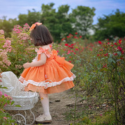 原创洛丽塔女中童可爱连衣裙蕾丝儿童公主裙亮橙色绣花宝宝吊带裙