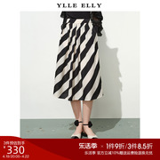 YLLE ELLY黑白斜条纹半身裙2024夏季法式赫本风大摆雪纺伞裙