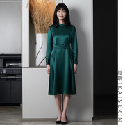 铠琪女装2023年春装孔雀绿优雅中式复古中长裙女士长袖连衣裙