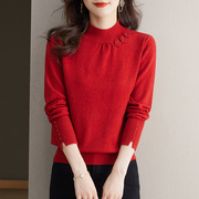 半高领红色毛衣打底衫女款2023秋冬内搭时尚，洋派时髦短款上衣