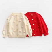 宝宝针织衫开衫春秋，韩版洋气毛球婴幼儿毛线外套，女童红色毛衣