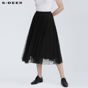 sdeer圣迪奥女装夏季半身裙高级感松紧网纱拼接印花长裙S21281143