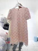 韩系雪纺镂空圆领，爱心刺绣泡泡，袖小香风连衣裙2023年夏季显瘦
