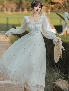 法式初恋网纱刺绣白色长袖连衣裙子温柔设计感超仙女气质收腰夏季