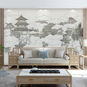现代新中式山水墙纸楼阁雅致意境，风壁画客厅，沙发背景墙布茶室壁纸