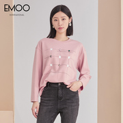 EMOO杨门秋季粉色圆领水钻点缀T恤女长袖宽松内搭打底衫